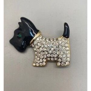 Scottish Terrier Scotty Dog Brooch Rhinestone Black Gold Pin  2"x 1.5" EUC!‎